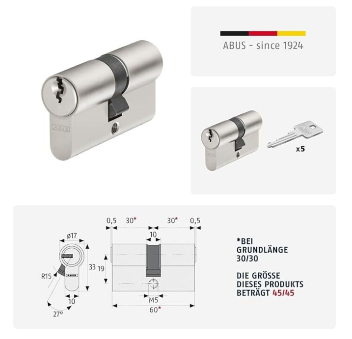 ABUS Tür-Zylinder E30 45/45 mit 5 Schlüsseln, 59819, I29227